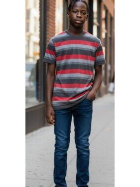 POINT ZERO Gray and Red Striped Short Sleeved Top Boys XL Size 14-16